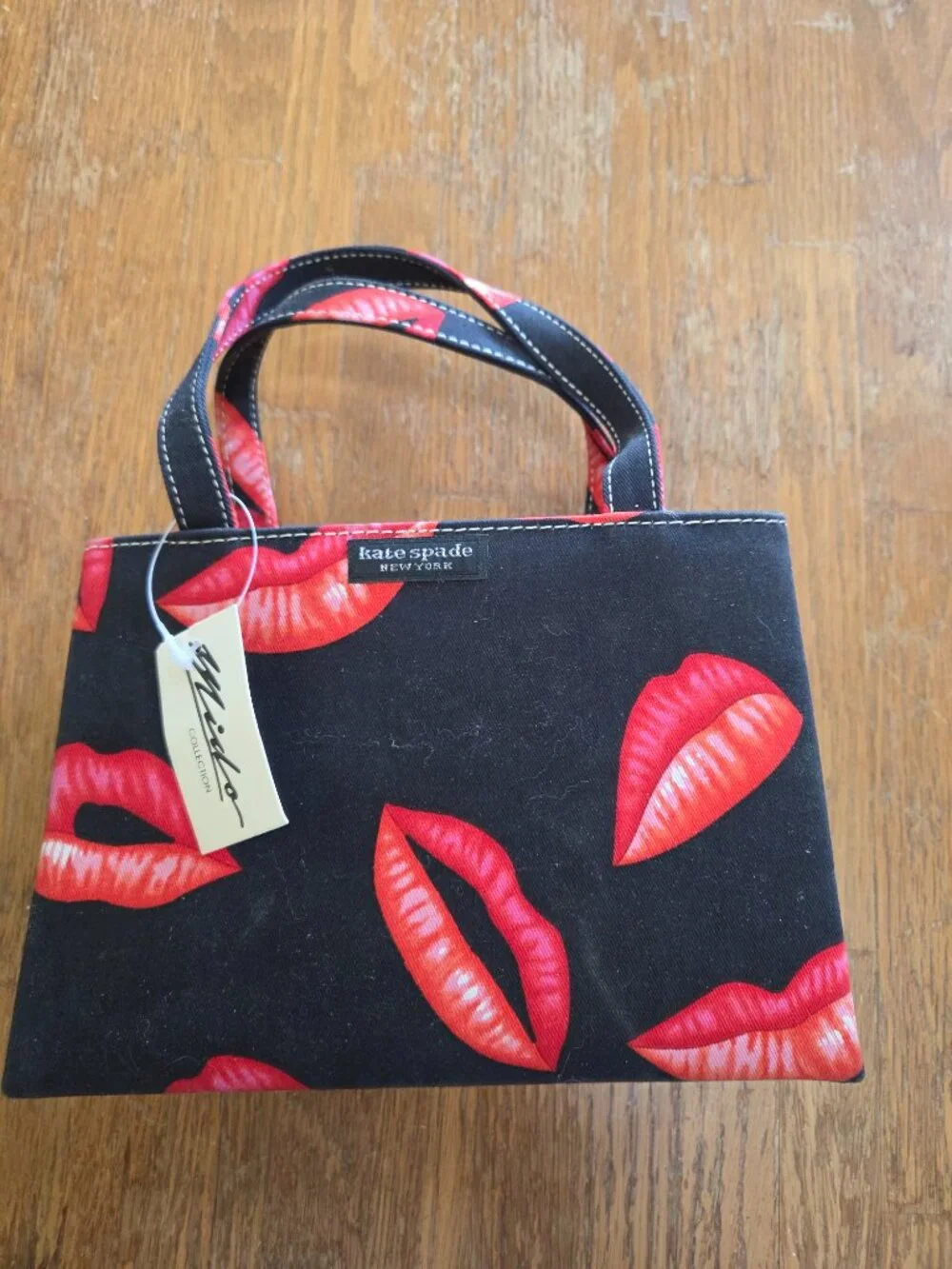 Vintage Kate Spade Black Canvas Red Lips Print Mini Tote Bag  8x6 Small
